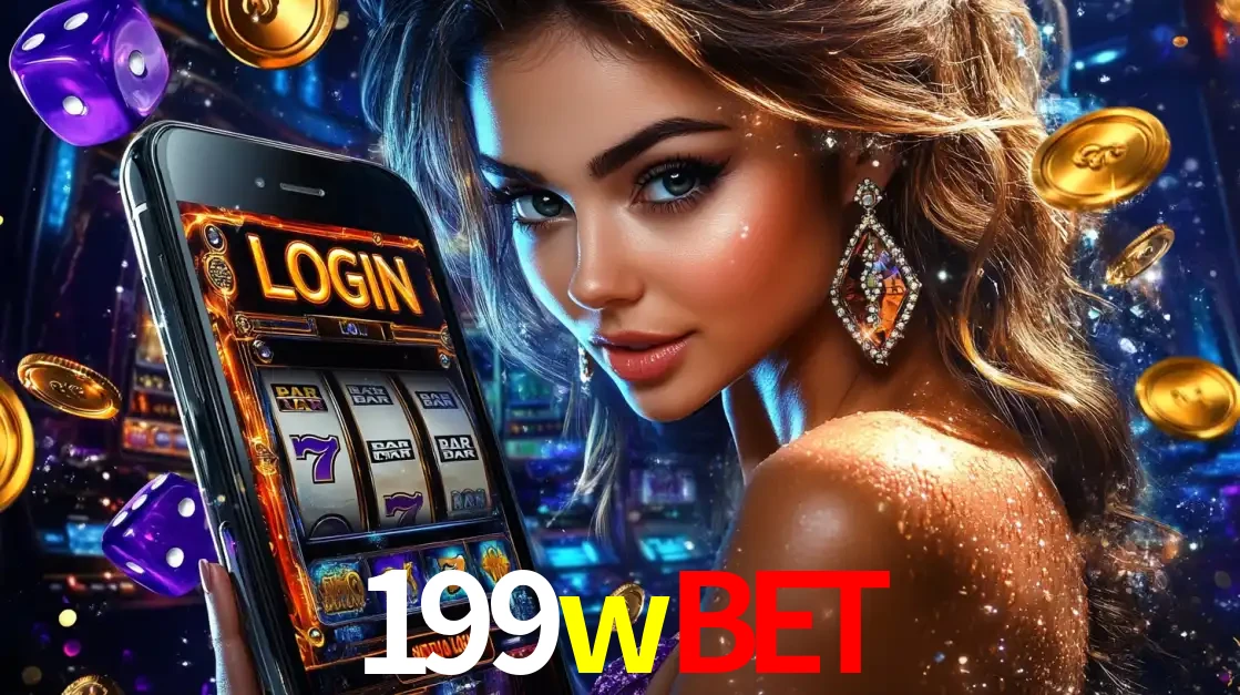 Mulher glamorosa segurando um smartphone com a tela de login para os jogos de caça-níqueis do cassino online 199wbet, com moedas de ouro e dados ao redor.