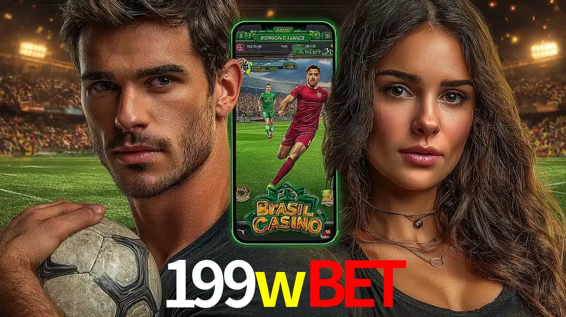 Homem segurando uma bola de futebol e uma mulher ao lado de um smartphone exibindo o jogo de apostas esportivas da 199wbet. Faça seu palpite no cassino online.